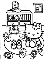 dla dziewczynek kolorowanka hello kitty w sklepie obuwniczym, obrazek do pomalowania kredkami