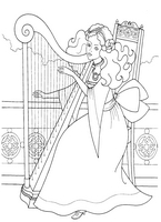 dla dzieci kolorowanki księżniczki, królewna z harfą w tle pałacowa balustrada