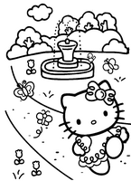 dla dziewczynek malowanka hello kitty w ogrodzie, w tle fontanna