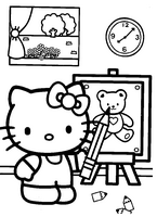 dla dziewczynek malowanki hello kitty rysuje misia na tablicy, w tle zegar i okno