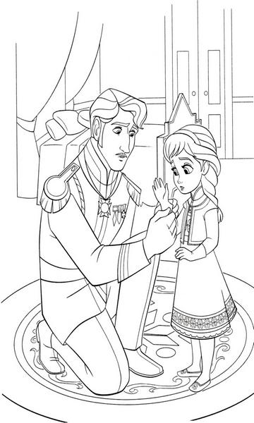 kolorowanka Kraina Lodu malowanka do wydruku nr 37, mała Elsa i jej tata król wkładający jej rękawiczki