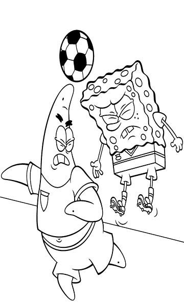 kolorowanka Patryk i Spongebob grają w piłkę nożną, malowanka do wydruku, obrazek z bajki nr 52