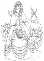 dla dziewczyn kolorowanka księżniczki, dama w pięknej balowej sukni, kwiaty i wiatrak w tle