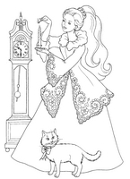 do pokolorowania malowanka księżniczki, piękna królewna z warkoczem i świecą, w tle staromodny zegar, na dole kot