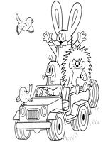 dla dzieci kolorowanka krecik i jego przyjaciele myszka, jeżyk i zajączek jadą autem