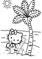 dla dziewczyn kolorowanka hello kitty na plaży, na leżaczku, palma obok, słonko na górze