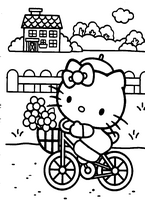 dla dziewczyn kolorowanki hello kitty jedzie rowerkiem po wiejskiej okolicy