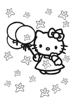 do druku kolorowanka hello kitty trzyma baloniki, gwiazdki w tle mrugają