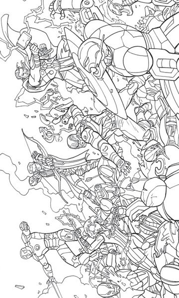 miniatura kolorowanka Avengers malowanka Thor, Czarna Wdowa, Kapitan Ameryka, Hawkeye, Iron Man walczący z kosmitami nr 21