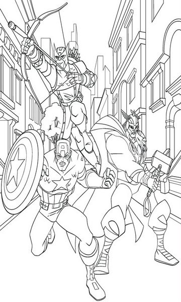 miniatura kolorowanka Avengers malowanka Kapitan Ameryka, Hawkeye i Thor do wydruku dla dzieci nr 8