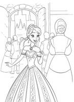 kolorowanki Kraina Lodu malowanki do wydruku nr  14 - radosna Anna w sukni balowej wybiera się na uroczystą koronację Elsy