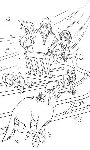 kolorowanka Kraina Lodu malowanka do wydruku nr 15, Anna i Kristoff uciekają na saniach przed wilkami