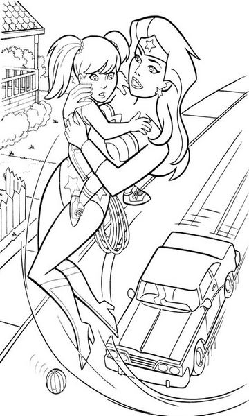 kolorowanka Wonder Woman malowanka do wydruku bohaterka z Liga Sprawiedliwych ratuje dziewczynkę, obrazek nr 1